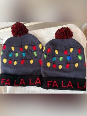 2 Holiday Pom-Pom Beanie with Colorful Light Pattern - multi colored